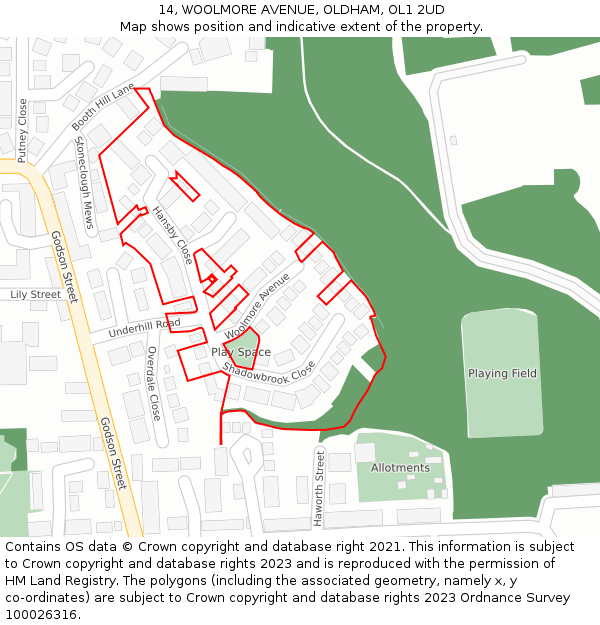 14, WOOLMORE AVENUE, OLDHAM, OL1 2UD: Location map and indicative extent of plot