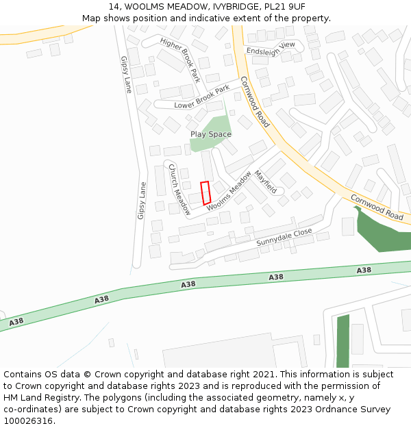 14, WOOLMS MEADOW, IVYBRIDGE, PL21 9UF: Location map and indicative extent of plot