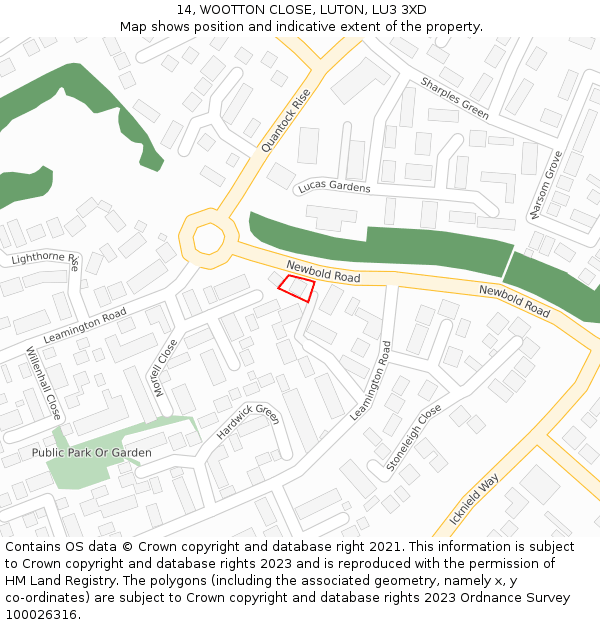 14, WOOTTON CLOSE, LUTON, LU3 3XD: Location map and indicative extent of plot