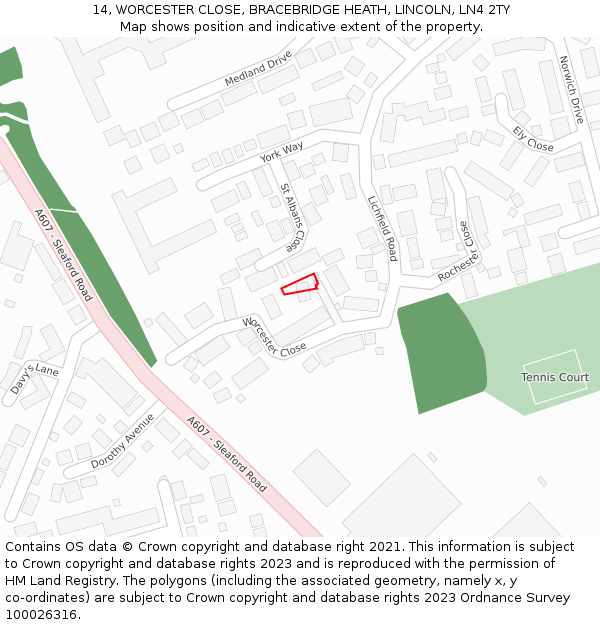 14, WORCESTER CLOSE, BRACEBRIDGE HEATH, LINCOLN, LN4 2TY: Location map and indicative extent of plot