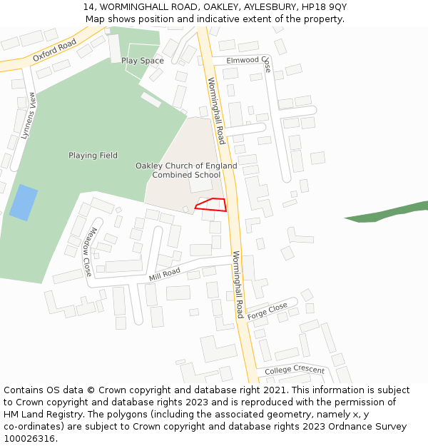 14, WORMINGHALL ROAD, OAKLEY, AYLESBURY, HP18 9QY: Location map and indicative extent of plot