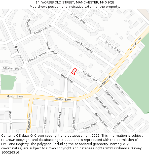 14, WORSEFOLD STREET, MANCHESTER, M40 9QB: Location map and indicative extent of plot