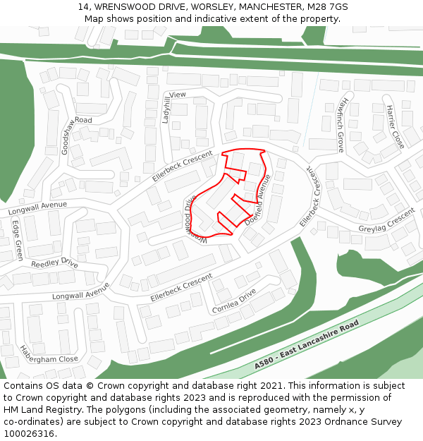 14, WRENSWOOD DRIVE, WORSLEY, MANCHESTER, M28 7GS: Location map and indicative extent of plot