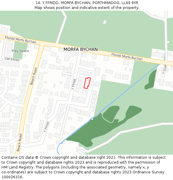 14, Y FFRIDD, MORFA BYCHAN, PORTHMADOG, LL49 9YR: Location map and indicative extent of plot