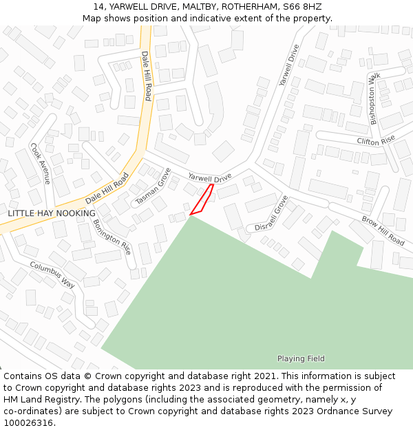 14, YARWELL DRIVE, MALTBY, ROTHERHAM, S66 8HZ: Location map and indicative extent of plot