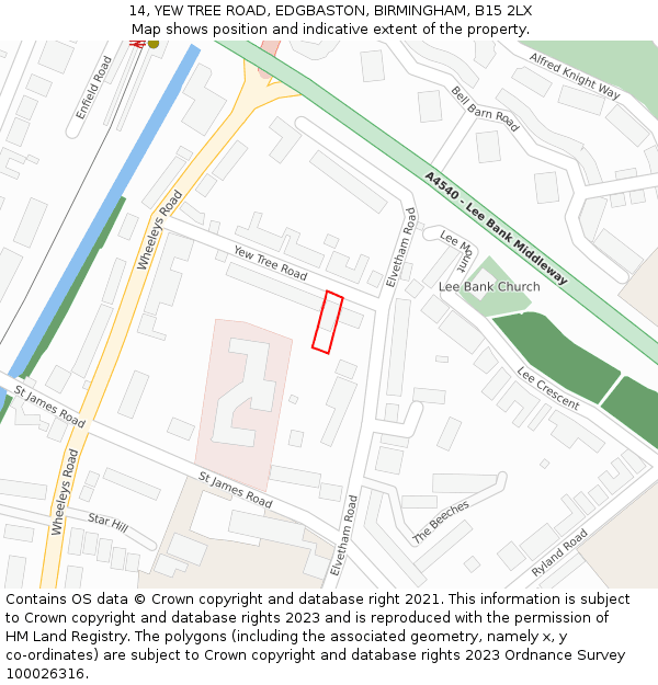 14, YEW TREE ROAD, EDGBASTON, BIRMINGHAM, B15 2LX: Location map and indicative extent of plot
