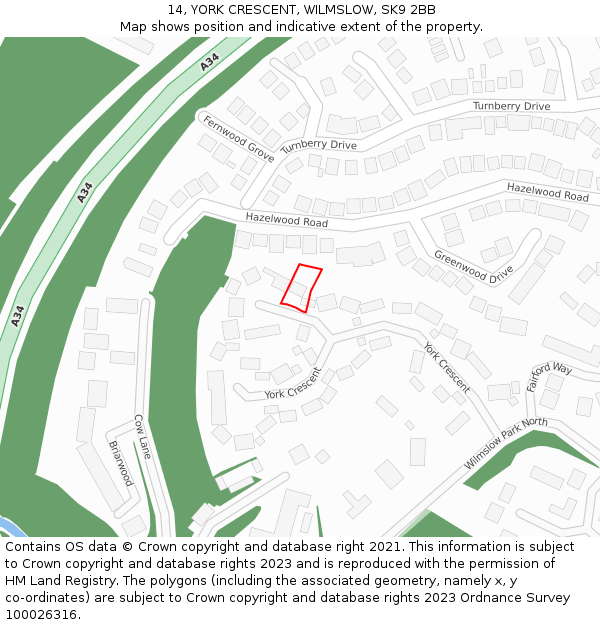 14, YORK CRESCENT, WILMSLOW, SK9 2BB: Location map and indicative extent of plot