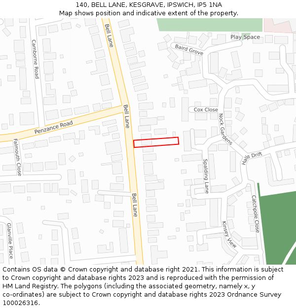 140, BELL LANE, KESGRAVE, IPSWICH, IP5 1NA: Location map and indicative extent of plot