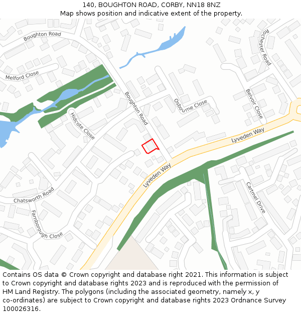 140, BOUGHTON ROAD, CORBY, NN18 8NZ: Location map and indicative extent of plot