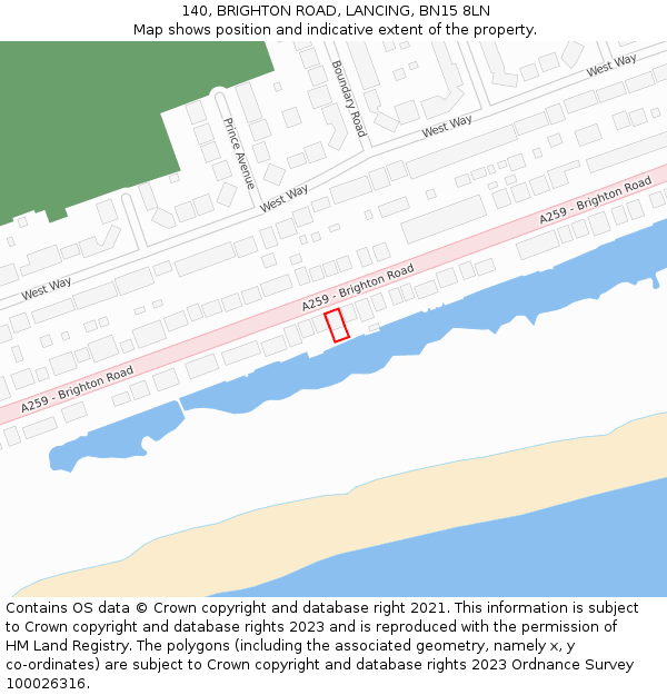 140, BRIGHTON ROAD, LANCING, BN15 8LN: Location map and indicative extent of plot
