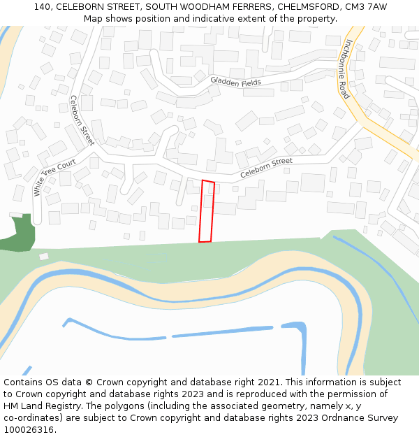 140, CELEBORN STREET, SOUTH WOODHAM FERRERS, CHELMSFORD, CM3 7AW: Location map and indicative extent of plot