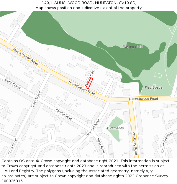 140, HAUNCHWOOD ROAD, NUNEATON, CV10 8DJ: Location map and indicative extent of plot