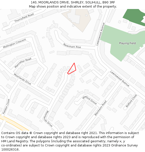 140, MOORLANDS DRIVE, SHIRLEY, SOLIHULL, B90 3RF: Location map and indicative extent of plot