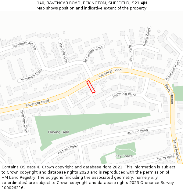 140, RAVENCAR ROAD, ECKINGTON, SHEFFIELD, S21 4JN: Location map and indicative extent of plot