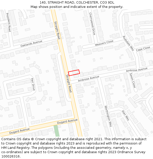 140, STRAIGHT ROAD, COLCHESTER, CO3 9DL: Location map and indicative extent of plot