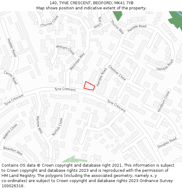140, TYNE CRESCENT, BEDFORD, MK41 7YB: Location map and indicative extent of plot
