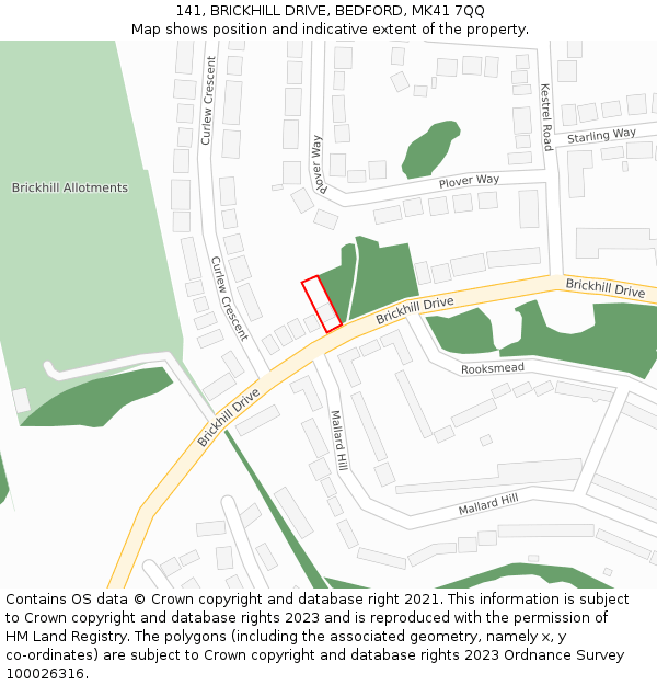 141, BRICKHILL DRIVE, BEDFORD, MK41 7QQ: Location map and indicative extent of plot