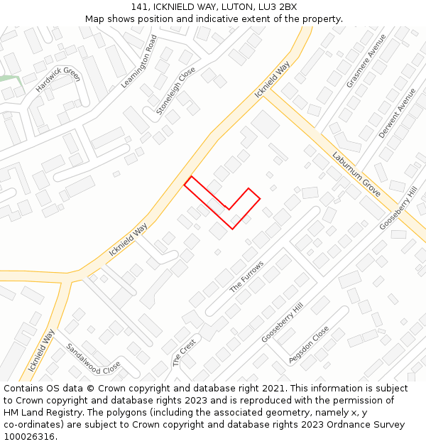 141, ICKNIELD WAY, LUTON, LU3 2BX: Location map and indicative extent of plot