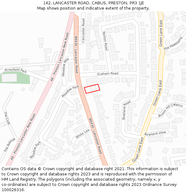 142, LANCASTER ROAD, CABUS, PRESTON, PR3 1JE: Location map and indicative extent of plot