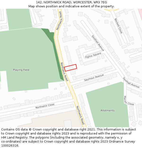 142, NORTHWICK ROAD, WORCESTER, WR3 7EG: Location map and indicative extent of plot