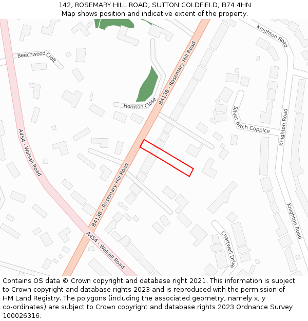142, ROSEMARY HILL ROAD, SUTTON COLDFIELD, B74 4HN: Location map and indicative extent of plot