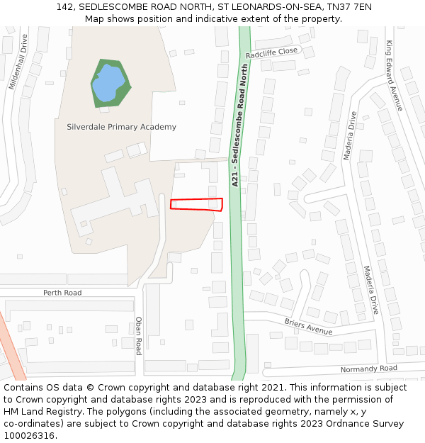 142, SEDLESCOMBE ROAD NORTH, ST LEONARDS-ON-SEA, TN37 7EN: Location map and indicative extent of plot