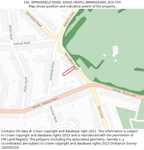 142, SPRINGFIELD ROAD, KINGS HEATH, BIRMINGHAM, B14 7DX: Location map and indicative extent of plot