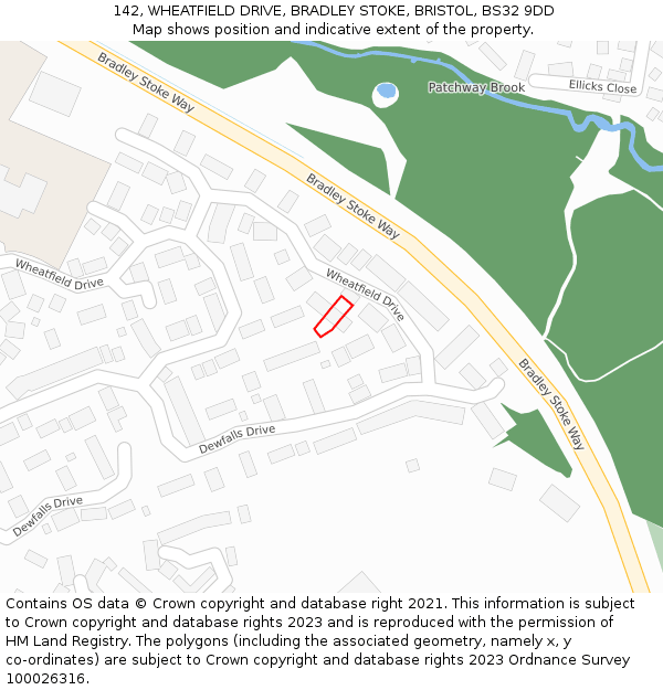 142, WHEATFIELD DRIVE, BRADLEY STOKE, BRISTOL, BS32 9DD: Location map and indicative extent of plot