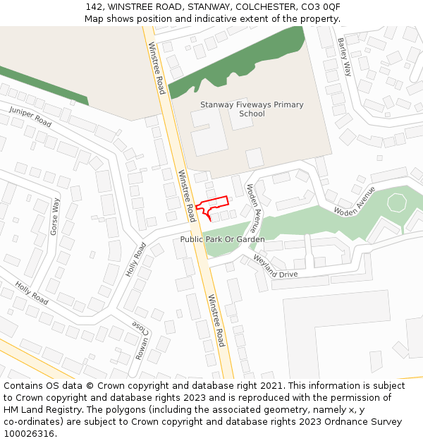 142, WINSTREE ROAD, STANWAY, COLCHESTER, CO3 0QF: Location map and indicative extent of plot