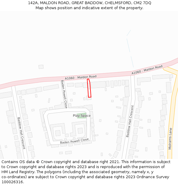 142A, MALDON ROAD, GREAT BADDOW, CHELMSFORD, CM2 7DQ: Location map and indicative extent of plot