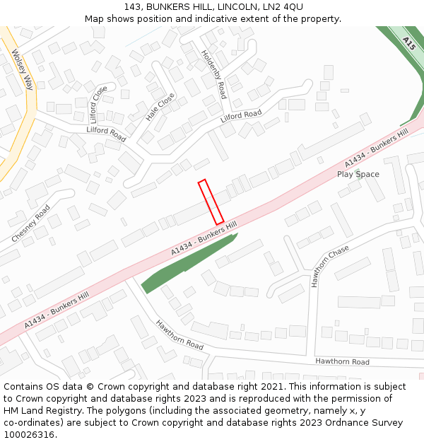 143, BUNKERS HILL, LINCOLN, LN2 4QU: Location map and indicative extent of plot