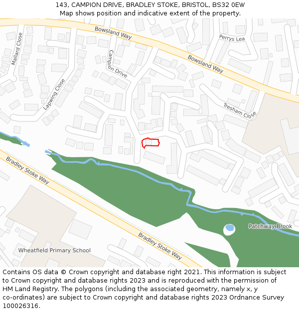 143, CAMPION DRIVE, BRADLEY STOKE, BRISTOL, BS32 0EW: Location map and indicative extent of plot