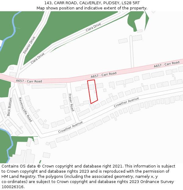143, CARR ROAD, CALVERLEY, PUDSEY, LS28 5RT: Location map and indicative extent of plot