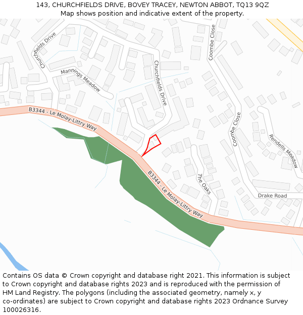 143, CHURCHFIELDS DRIVE, BOVEY TRACEY, NEWTON ABBOT, TQ13 9QZ: Location map and indicative extent of plot