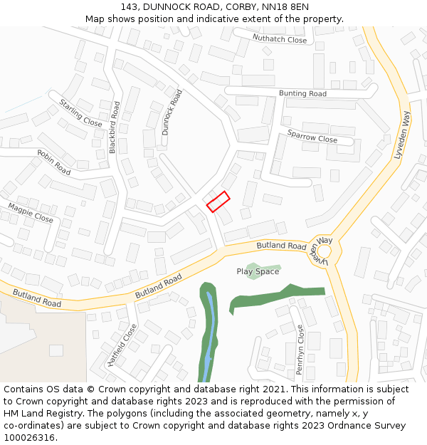 143, DUNNOCK ROAD, CORBY, NN18 8EN: Location map and indicative extent of plot