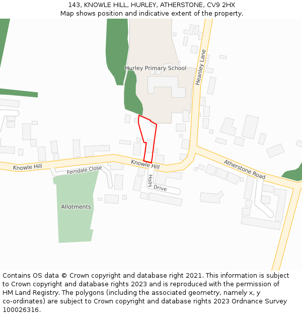 143, KNOWLE HILL, HURLEY, ATHERSTONE, CV9 2HX: Location map and indicative extent of plot