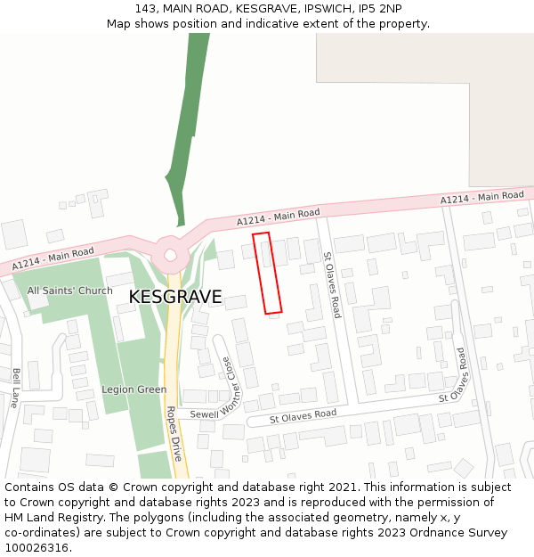 143, MAIN ROAD, KESGRAVE, IPSWICH, IP5 2NP: Location map and indicative extent of plot