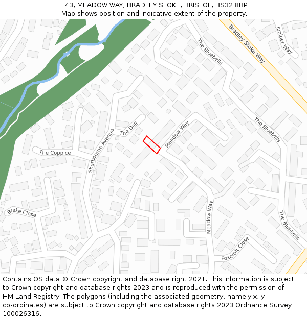 143, MEADOW WAY, BRADLEY STOKE, BRISTOL, BS32 8BP: Location map and indicative extent of plot