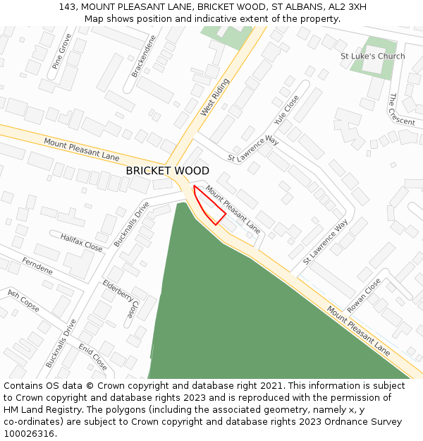 143, MOUNT PLEASANT LANE, BRICKET WOOD, ST ALBANS, AL2 3XH: Location map and indicative extent of plot