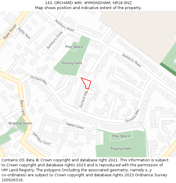 143, ORCHARD WAY, WYMONDHAM, NR18 0NZ: Location map and indicative extent of plot