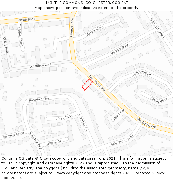 143, THE COMMONS, COLCHESTER, CO3 4NT: Location map and indicative extent of plot