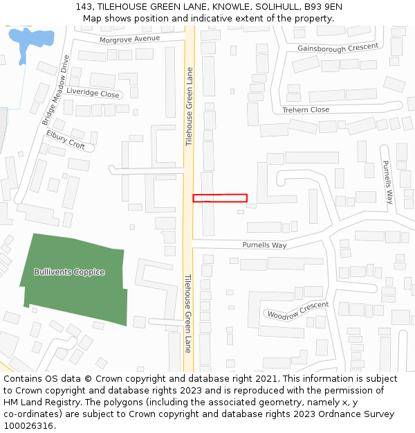 143, TILEHOUSE GREEN LANE, KNOWLE, SOLIHULL, B93 9EN: Location map and indicative extent of plot