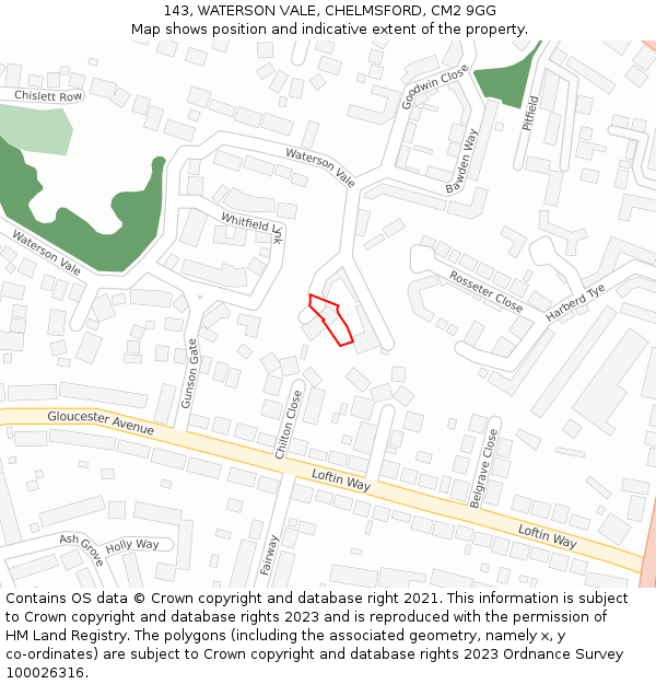 143, WATERSON VALE, CHELMSFORD, CM2 9GG: Location map and indicative extent of plot