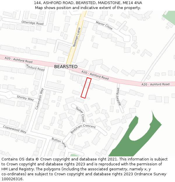144, ASHFORD ROAD, BEARSTED, MAIDSTONE, ME14 4NA: Location map and indicative extent of plot