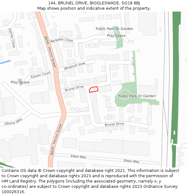 144, BRUNEL DRIVE, BIGGLESWADE, SG18 8BJ: Location map and indicative extent of plot