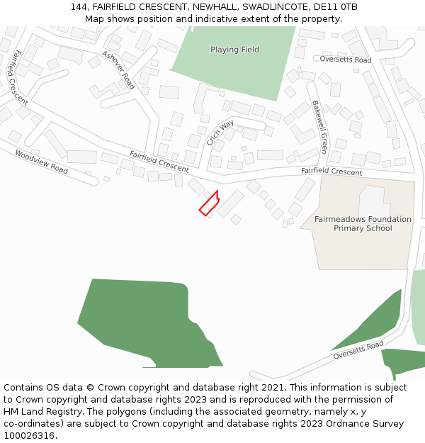 144, FAIRFIELD CRESCENT, NEWHALL, SWADLINCOTE, DE11 0TB: Location map and indicative extent of plot