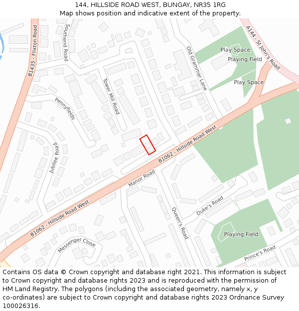144, HILLSIDE ROAD WEST, BUNGAY, NR35 1RG: Location map and indicative extent of plot