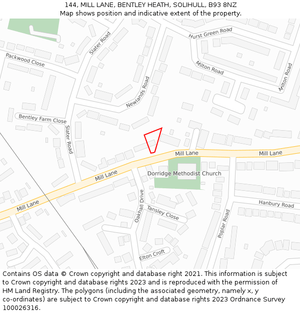 144, MILL LANE, BENTLEY HEATH, SOLIHULL, B93 8NZ: Location map and indicative extent of plot
