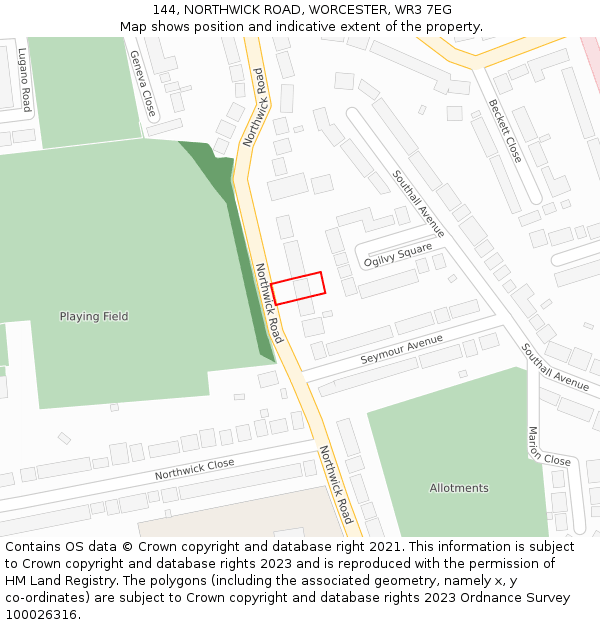 144, NORTHWICK ROAD, WORCESTER, WR3 7EG: Location map and indicative extent of plot