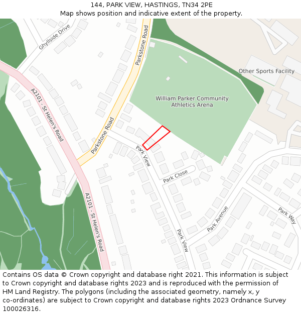 144, PARK VIEW, HASTINGS, TN34 2PE: Location map and indicative extent of plot